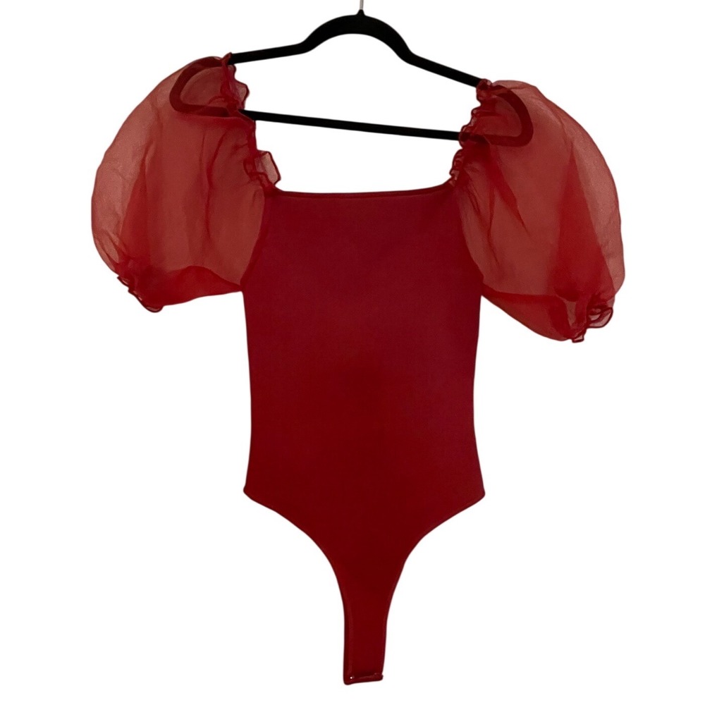 ASTR The Label Red Puff Sleeve Square Neck Bodysuit Wine Ribbed Size M NWT